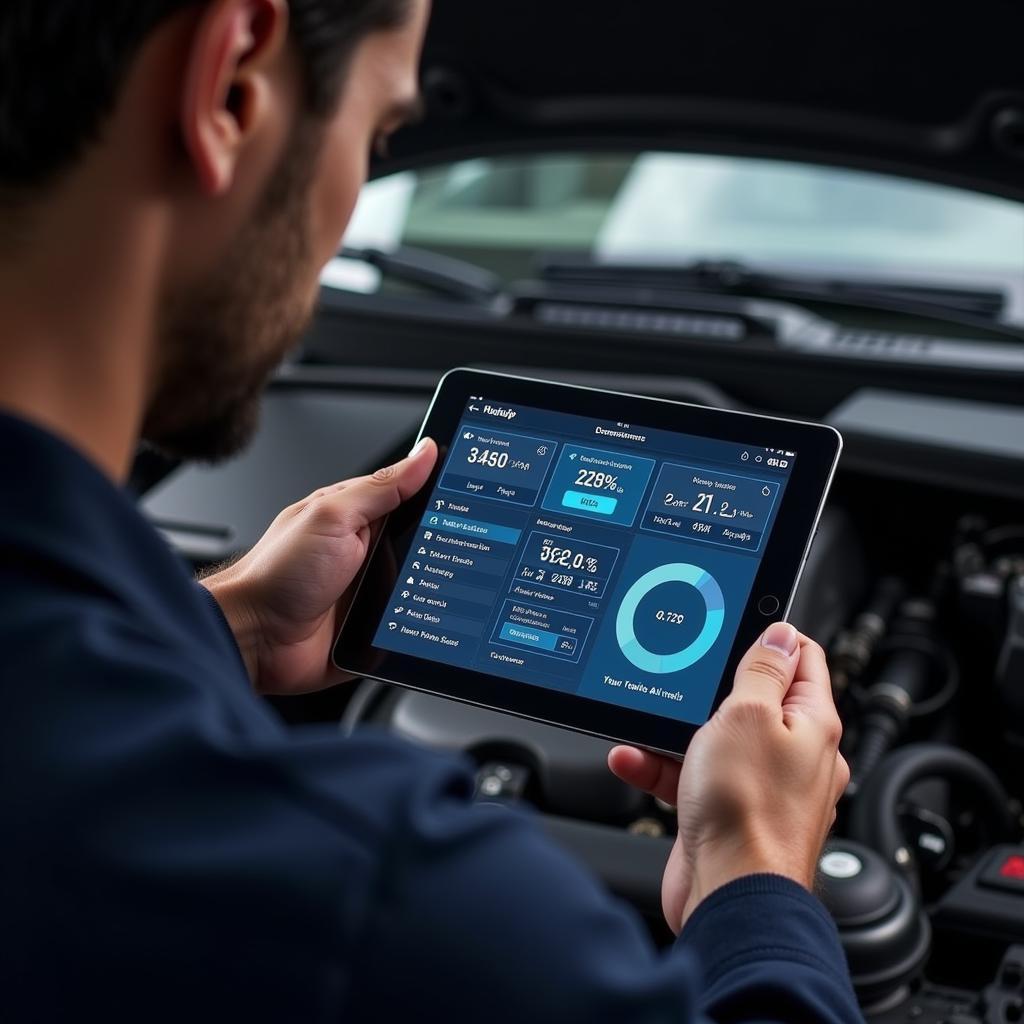 Mechanic Using Tablet for Car Diagnostics