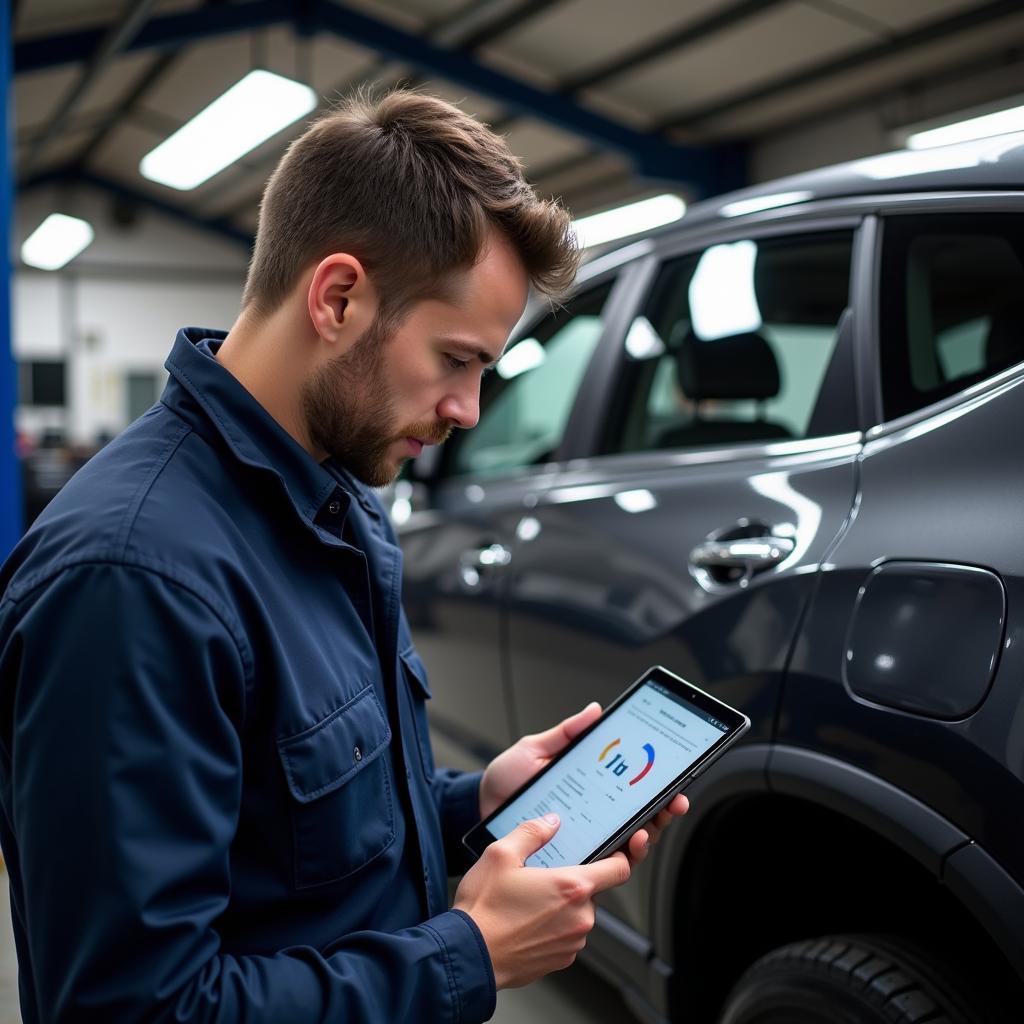 Mechanic using a tablet for car diagnostics