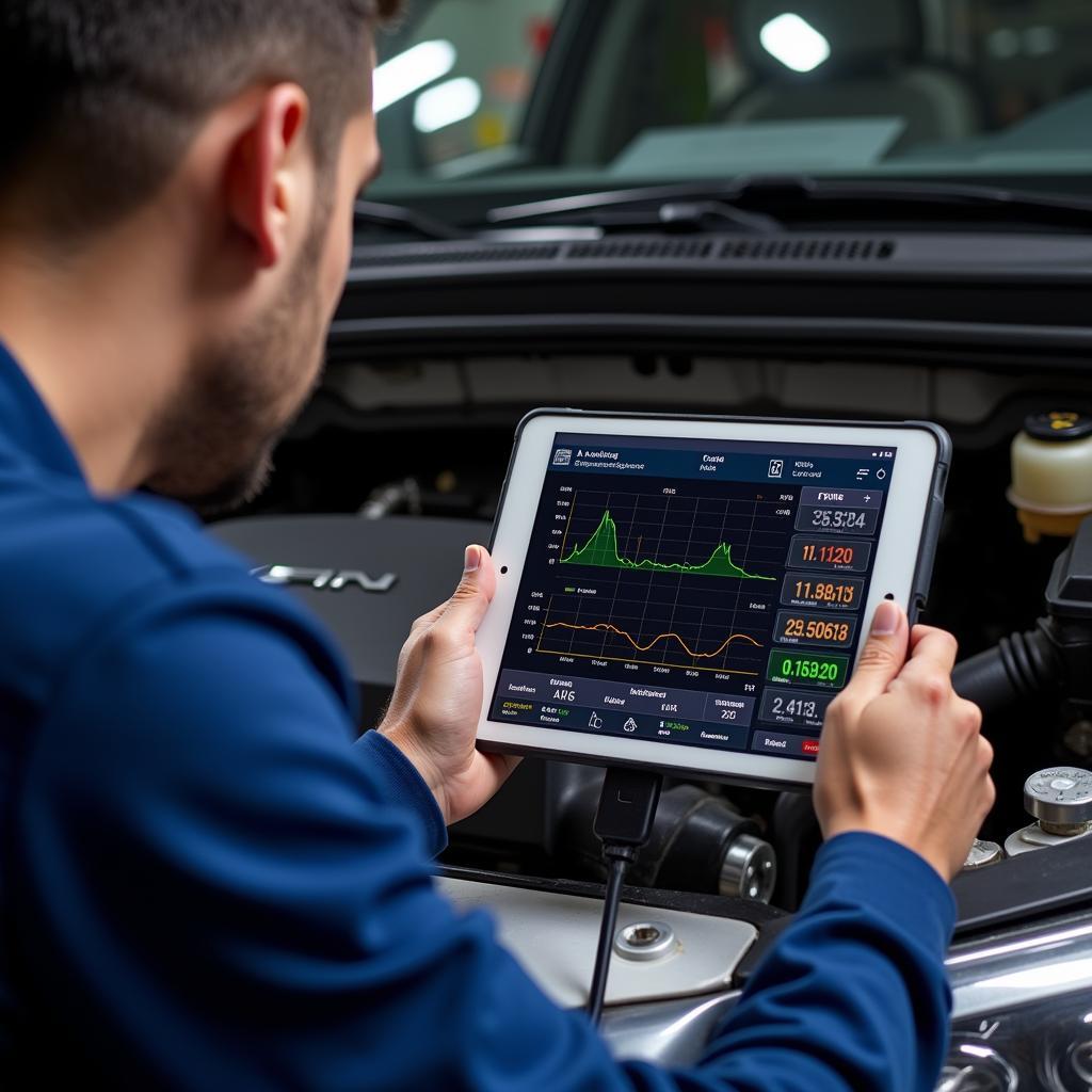 Mechanic Using Tablet for Advanced Car Diagnostics