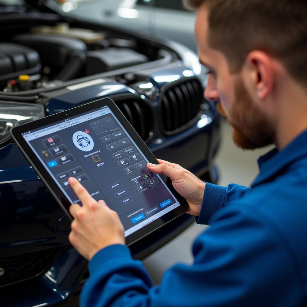 Mechanic Using Tablet for Car Diagnostics