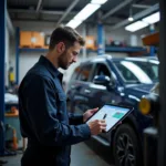 Mechanic Using Tablet for Diagnostics