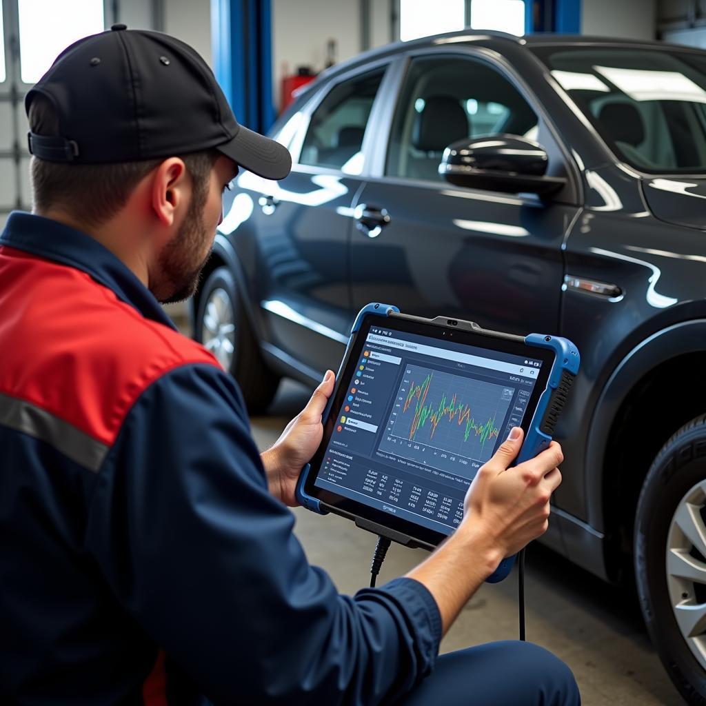 Mechanic Using Tablet for Car Diagnostics