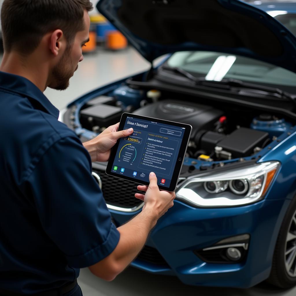 A mechanic using a tablet for car diagnostics