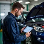 Mechanic using a tablet for mobile car diagnostic testing in a garage