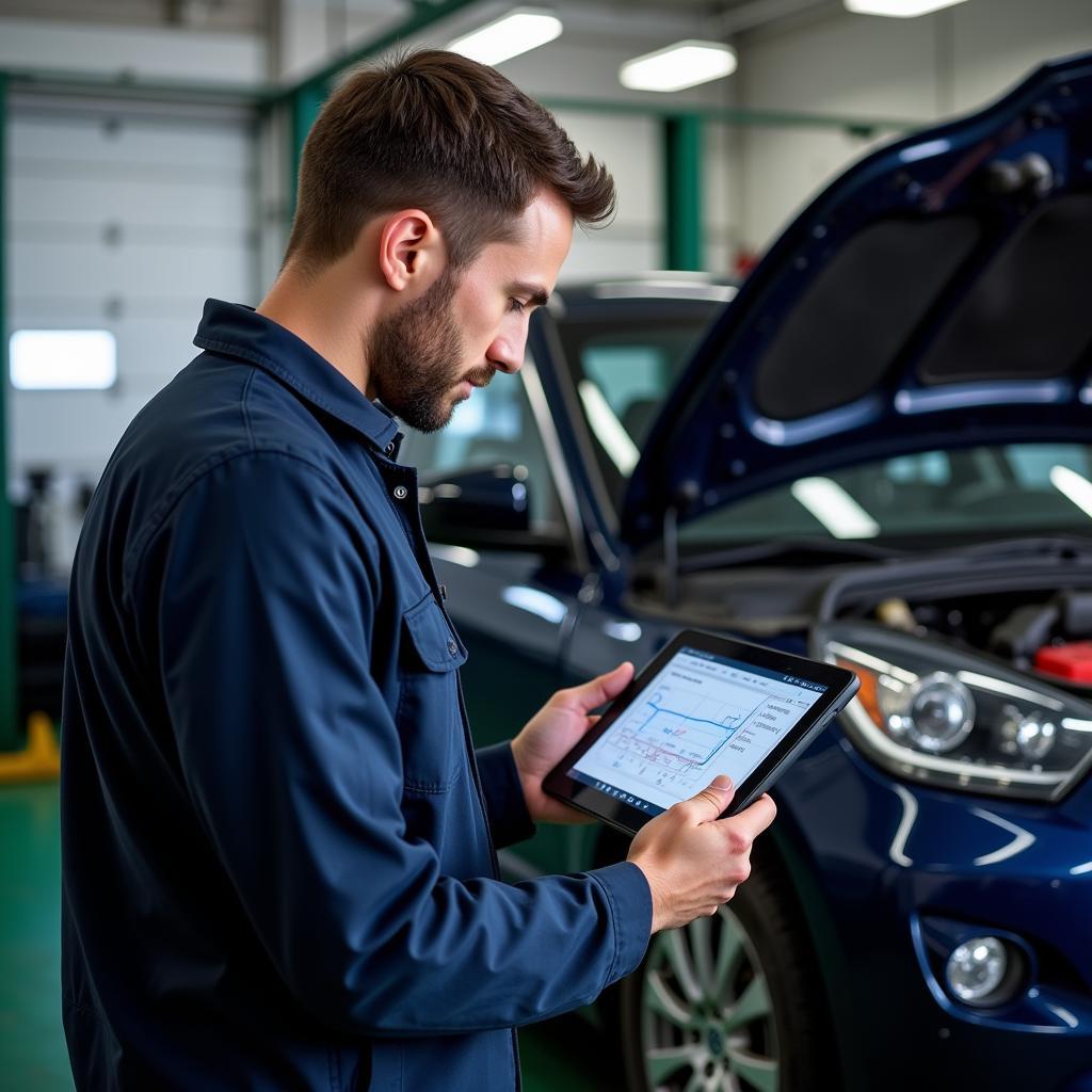 Mechanic using a tablet for mobile car diagnostic testing in a garage