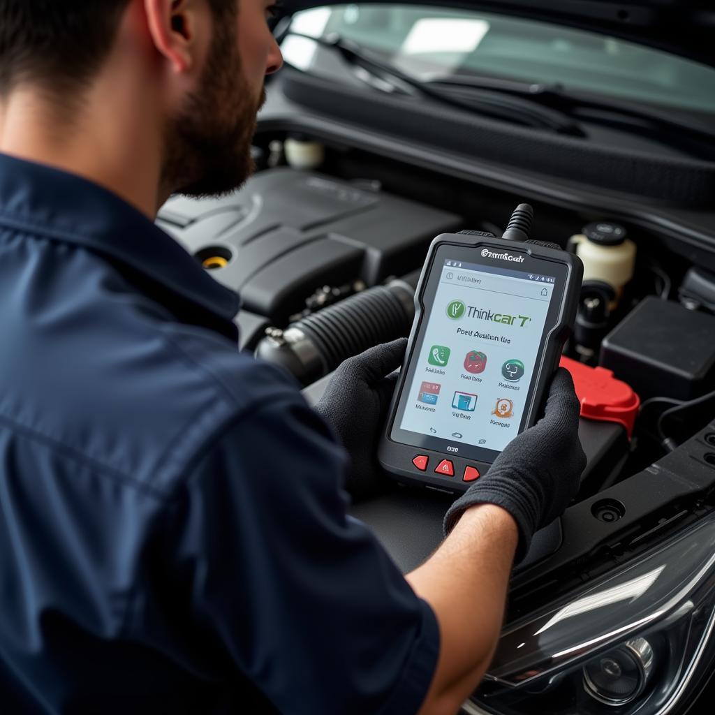 Mechanic Using a Thinkcar Scanner to Diagnose a Car Engine