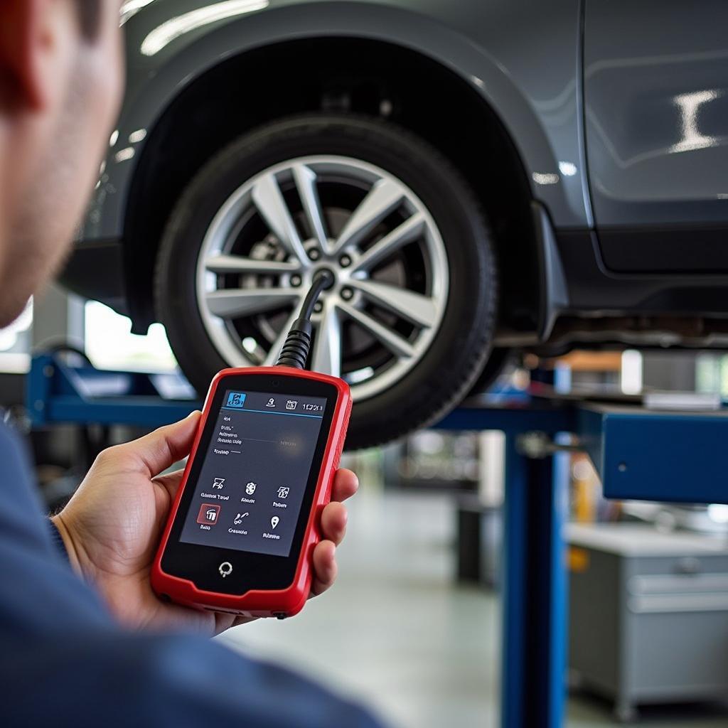 Mechanic using Diagnostic Tool with Tyre Sensors in Garage