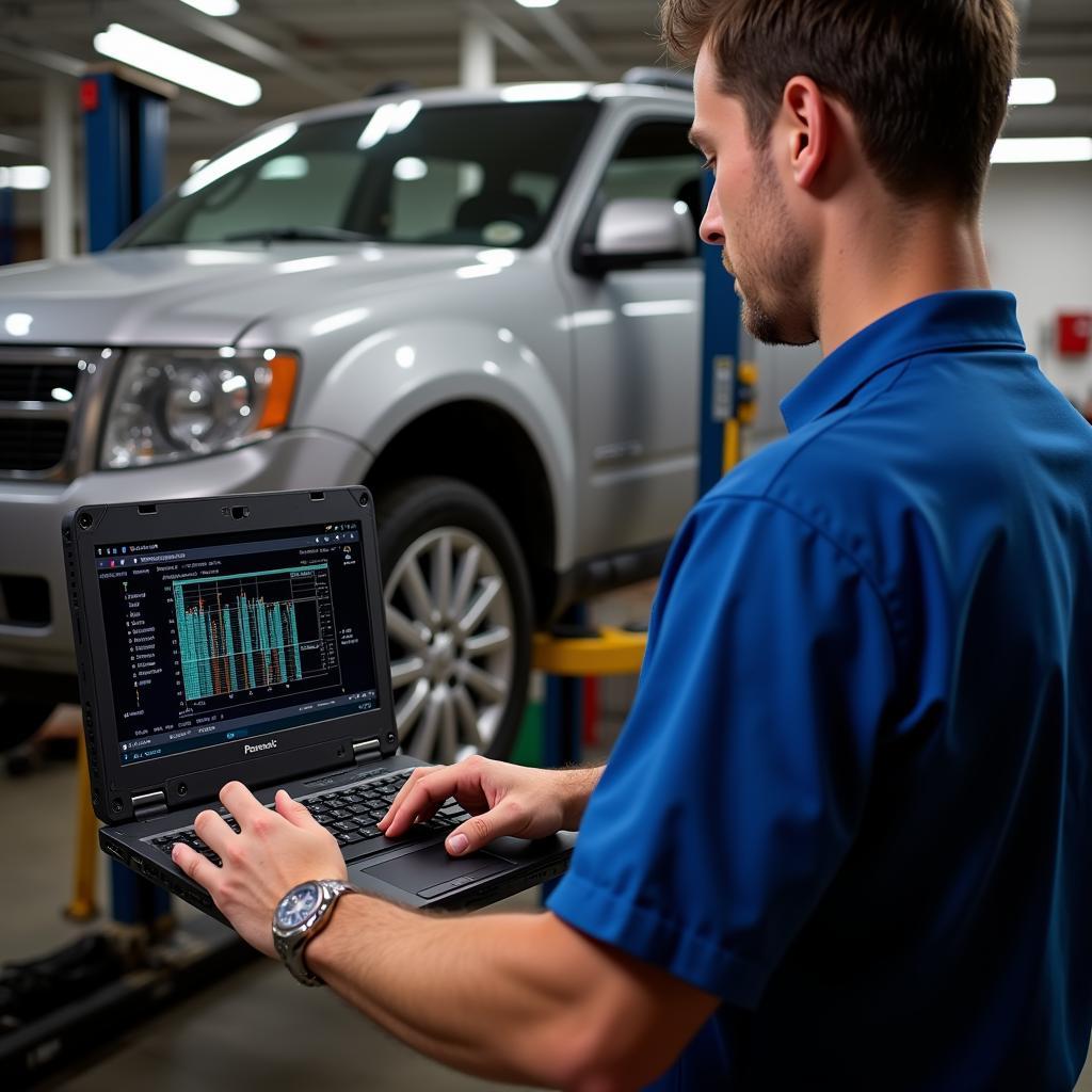 Mechanic using the Toughbook CF-30 to diagnose a car problem