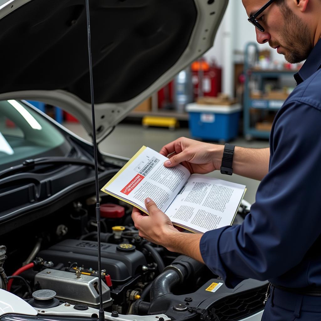 Mechanic Consulting a Toyota GEM Car Diagnostic Book While Working on a Car's Engine