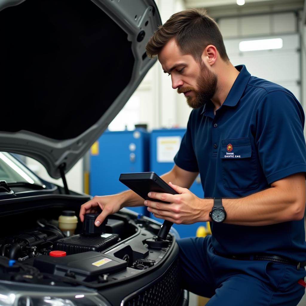 Mechanic using his updated diagnostic tool to diagnose a car's problem