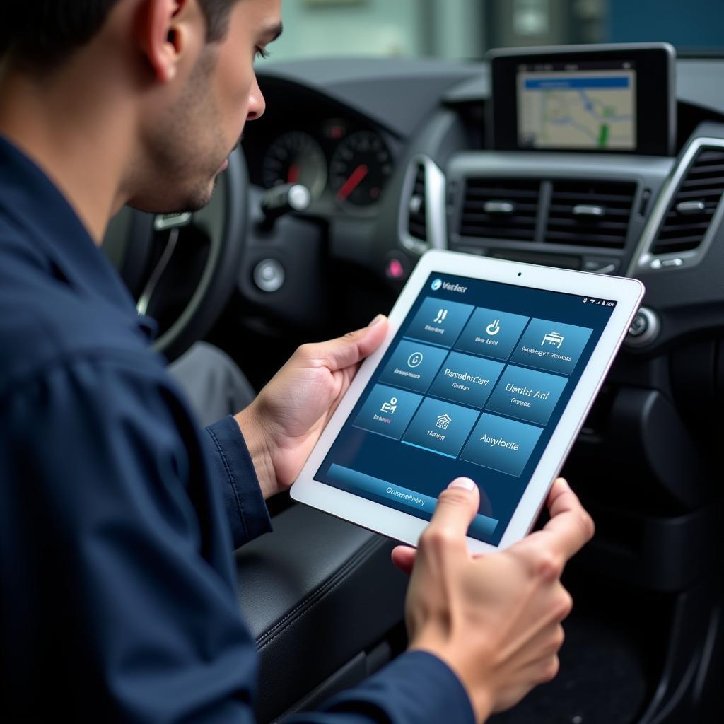 A mechanic navigating a user-friendly car diagnostic software interface.