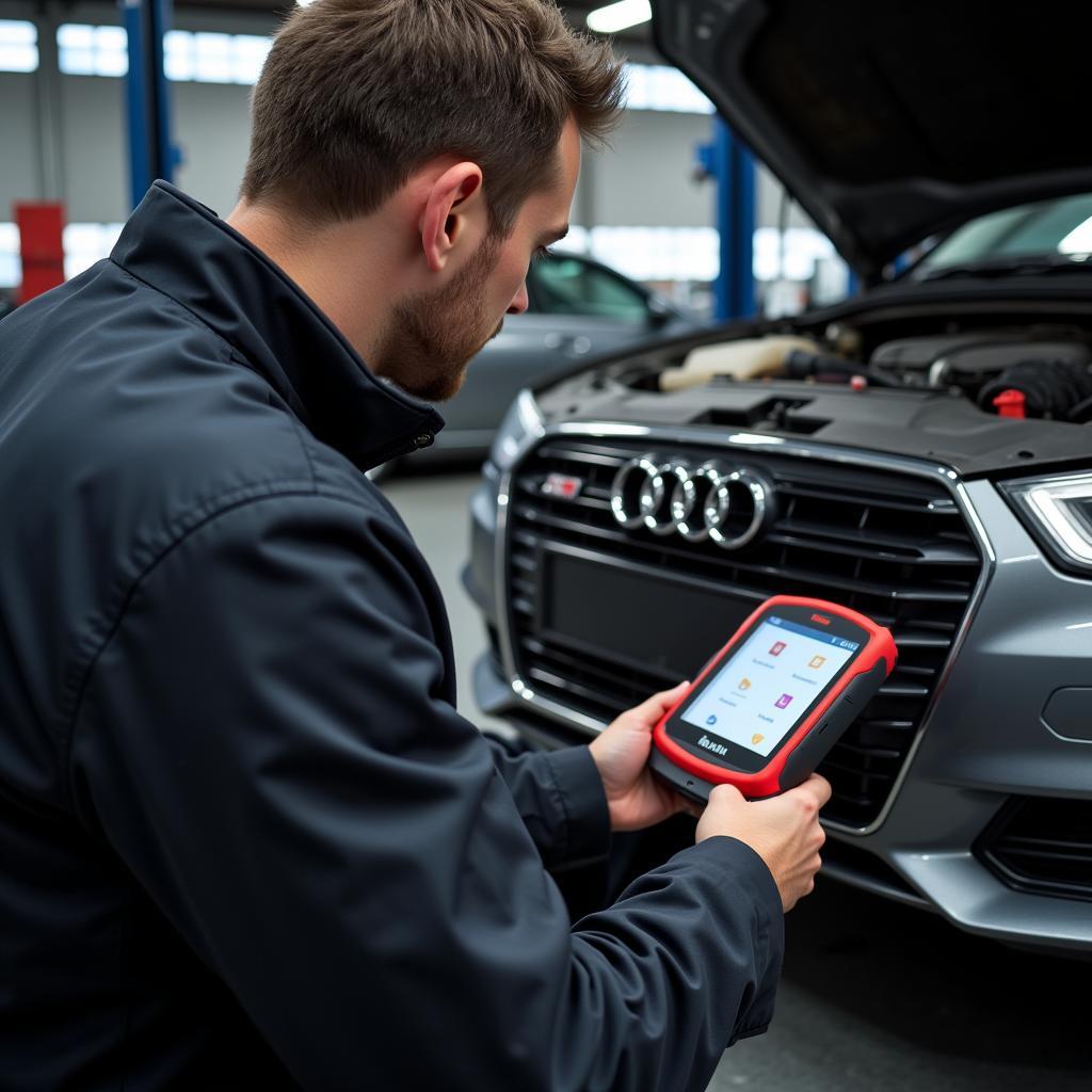 Mechanic Using VAG Diagnostic Tool on Audi