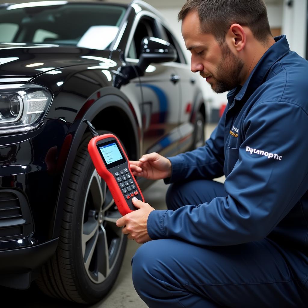 Mechanic Using Car Diagnostics Pro VAG OBD11 Scanner