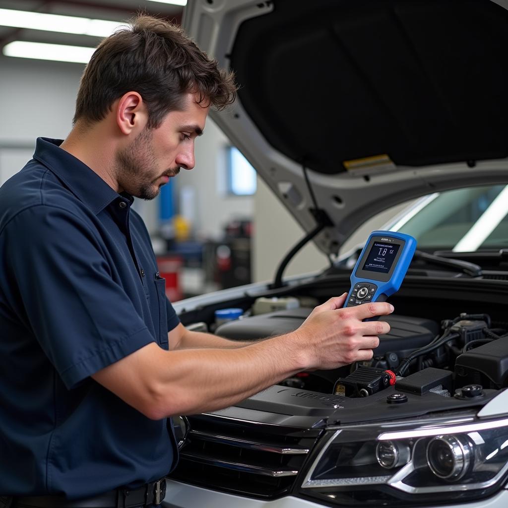 Mechanic Using VAG OBD2 Tool to Diagnose Car Problems