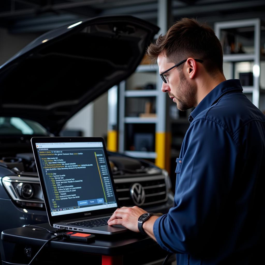 Mechanic using VAGCOM to diagnose a car problem