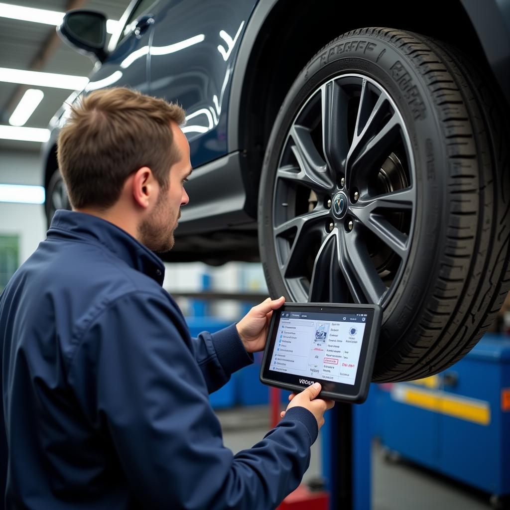 Mechanic using a VDO diagnostic tool to diagnose a car problem