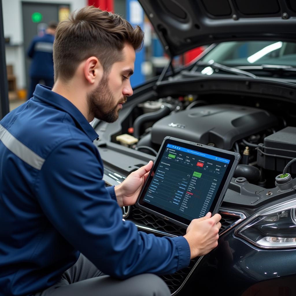 Mechanic Using Wifi Diagnostic Kit on a Tablet