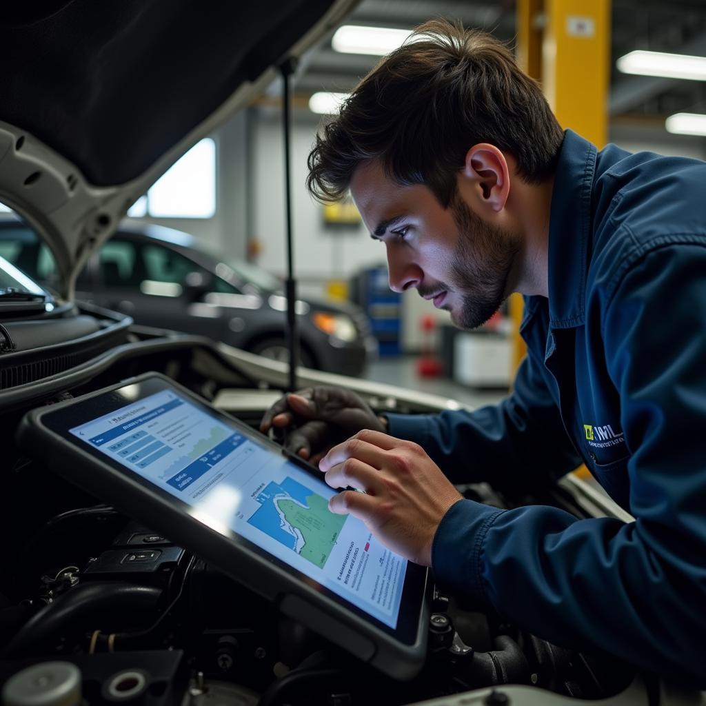 Mechanic diagnoses a car issue with a Wifi OBD2 scanner and tablet