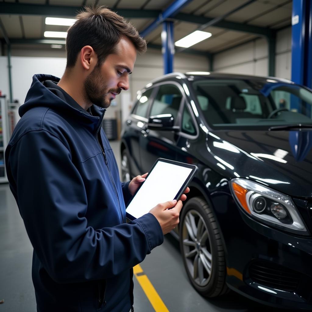 Mechanic using wireless diagnostic tablet