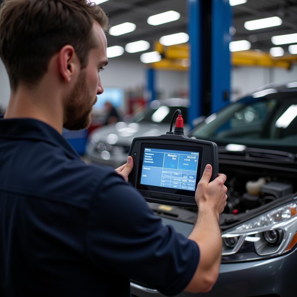 Mechanic Utilizing a Diagnostic Tool