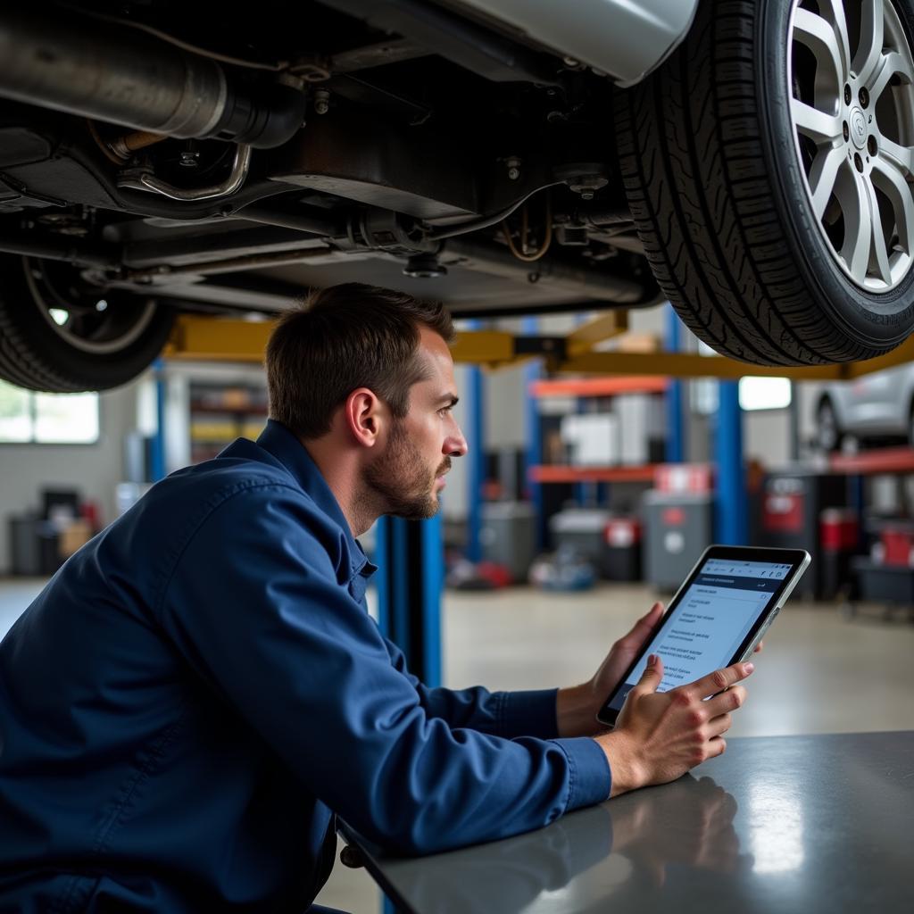 Mechanic Working Under Car Hood with Tablet