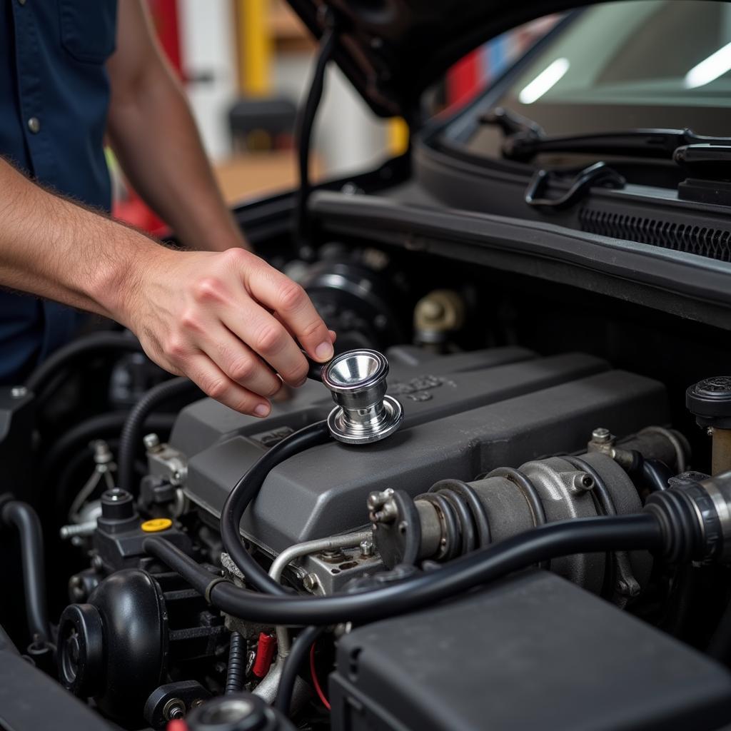 Mechanic using a mechanics stethoscope for engine diagnosis