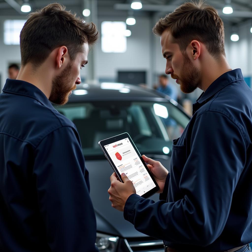 Mechanics using a car diagnostic app on a tablet in an auto repair shop