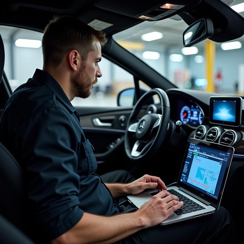 Mercedes Technician Analyzing Data