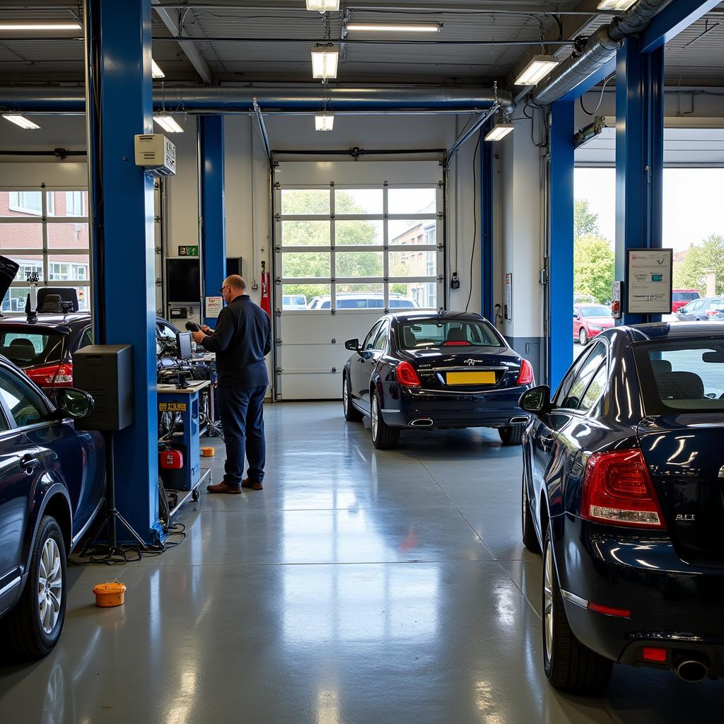 A bustling car repair garage in Milton Keynes specializing in diagnostics