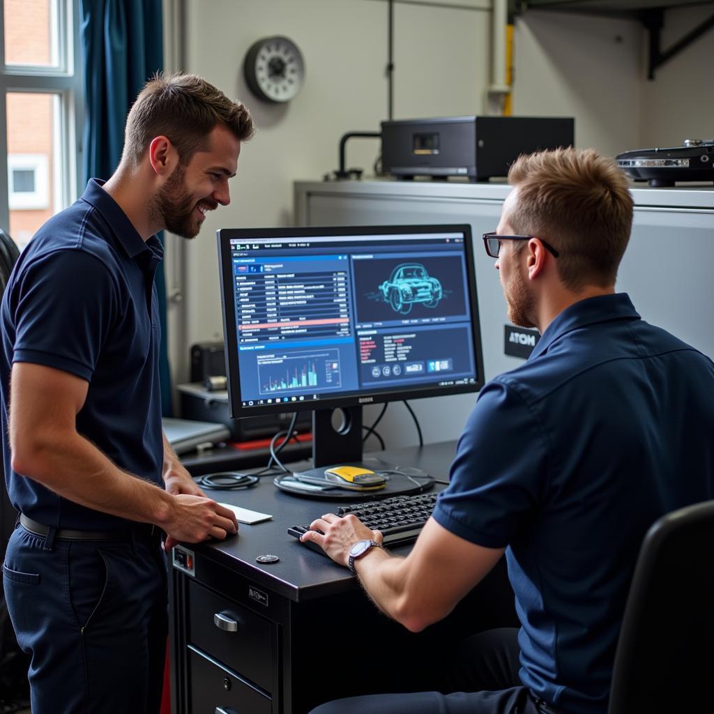 An experienced mechanic explaining car diagnostic results to a customer in Milton Keynes