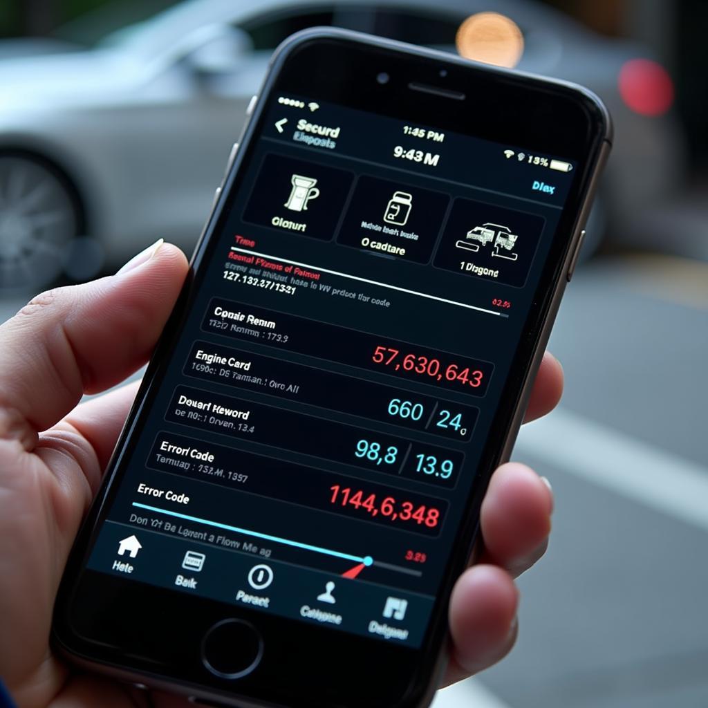 Smartphone displaying car diagnostics information obtained from a mobile diagnostic tool.