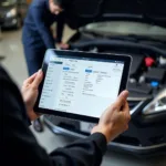 Mobile car diagnostics technician in Blackpool reviewing an engine diagnostic report on a tablet.