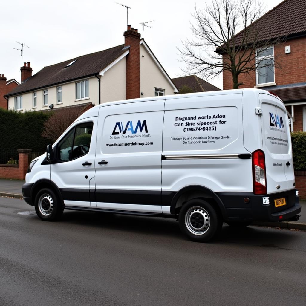 A mobile car diagnostics service van arriving at a customer's location in Newark-on-Trent.