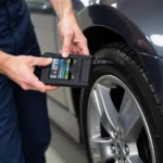 Mechanic using a mobile car diagnostic tool on a car