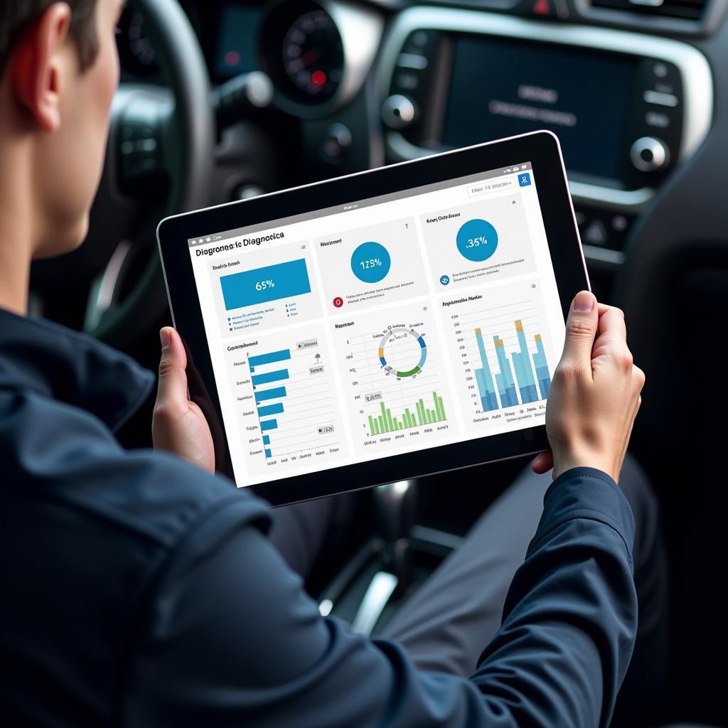 Mobile car diagnostics report being reviewed on a tablet in Swindon