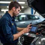 Mobile car diagnostics technician using a scan tool