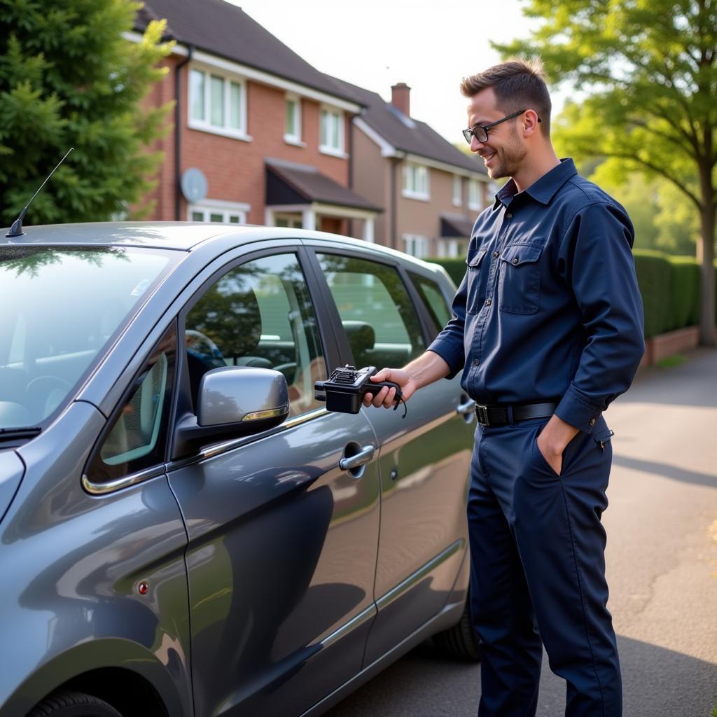 Mobile car diagnostics technician in action