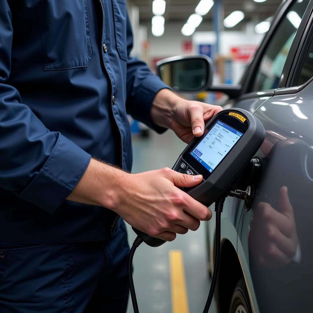 Mobile car diagnostics technician at work