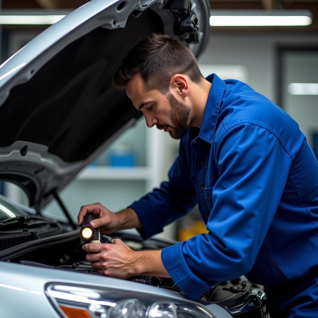 Mechanic performing mobile car diagnostics on an engine with the check engine light on