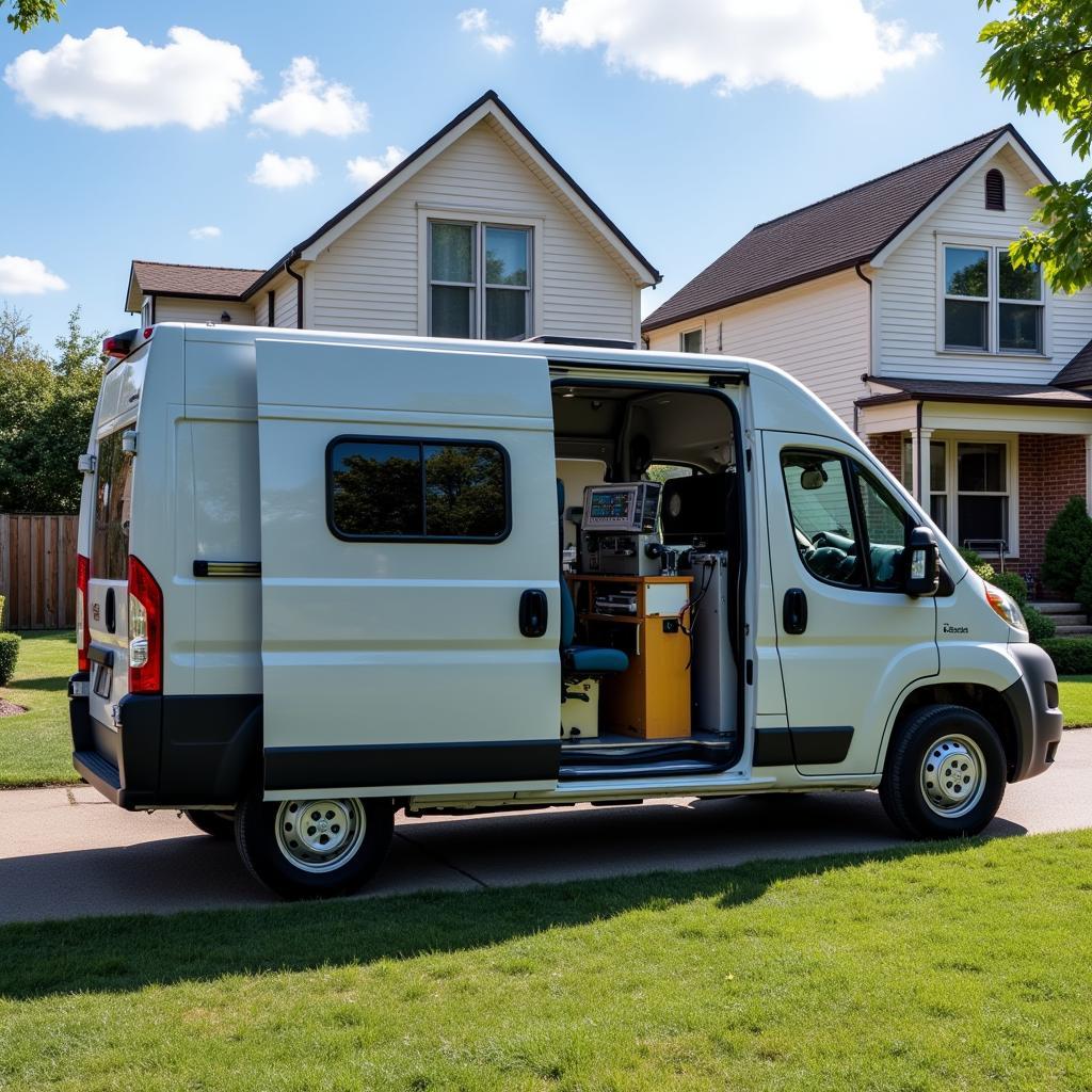 Mobile car diagnostics van parked on a residential street.