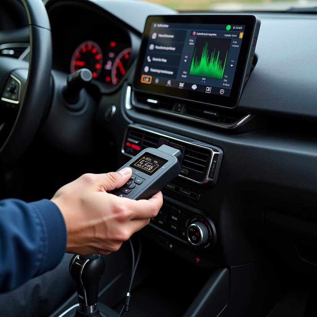 Mechanic connecting a mobile diagnostic device to a car's OBD2 port