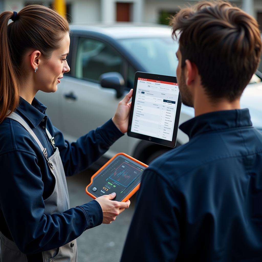 Mobile diagnostics technician explaining results to car owner