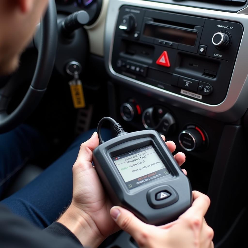 Mobile Mechanic Connecting Diagnostic Scanner to Car for Check Engine Light Diagnosis