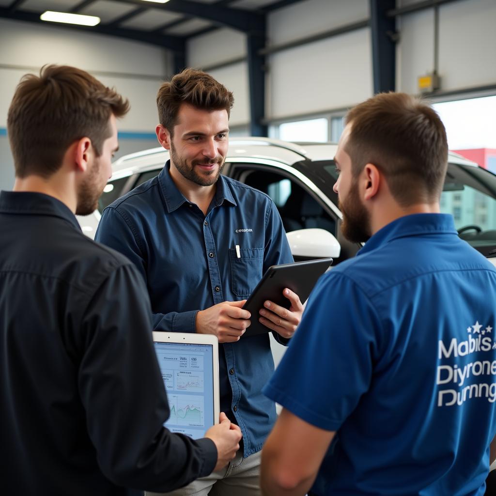 Mobile Mechanic Explaining Diagnostics to Car Owner