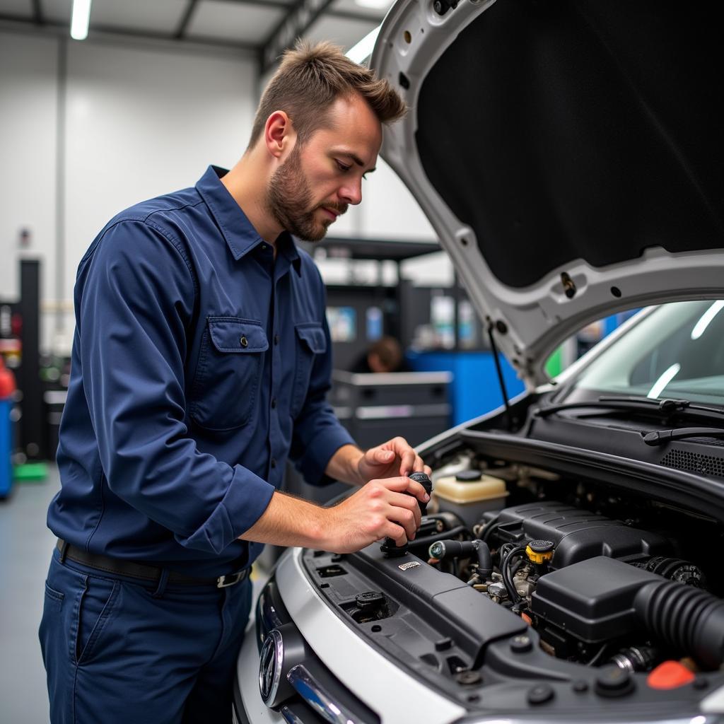 Mobile Mechanic Working on Car