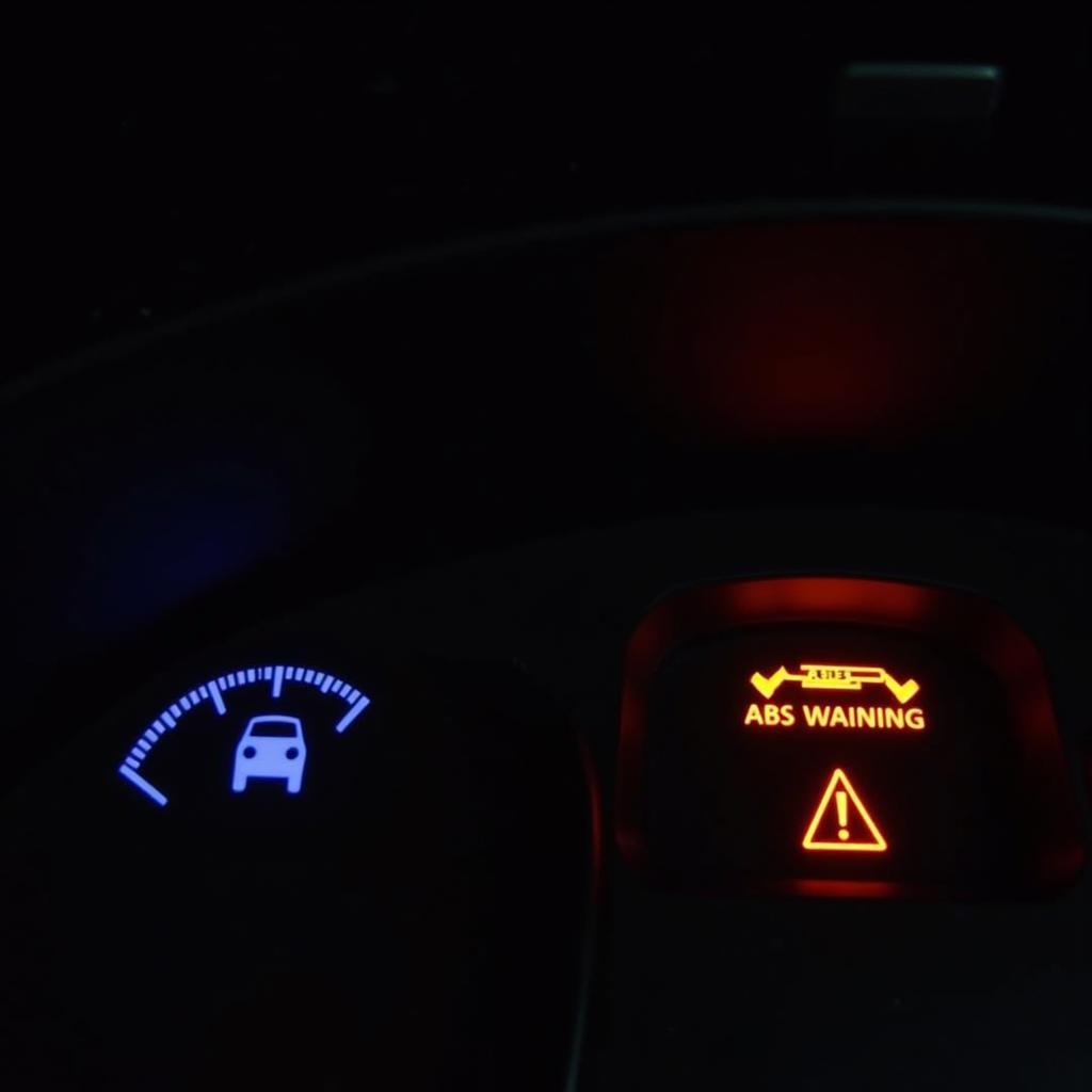 A modern car dashboard with various warning lights illuminated