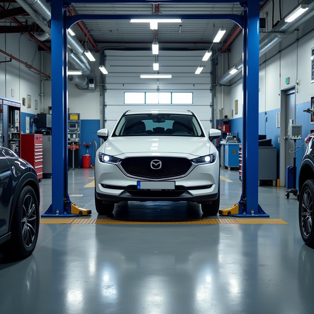 A modern car diagnostic center with a car being inspected