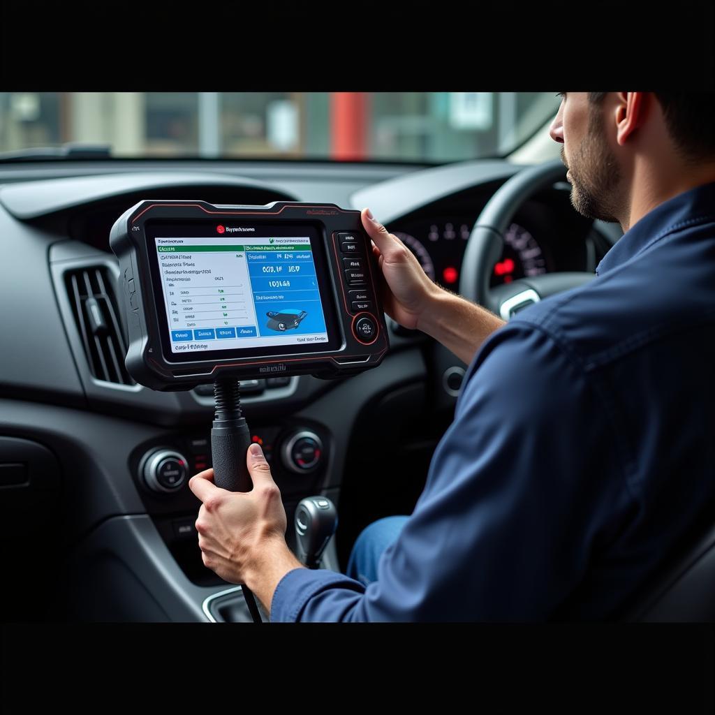 Mechanic using modern diagnostic equipment