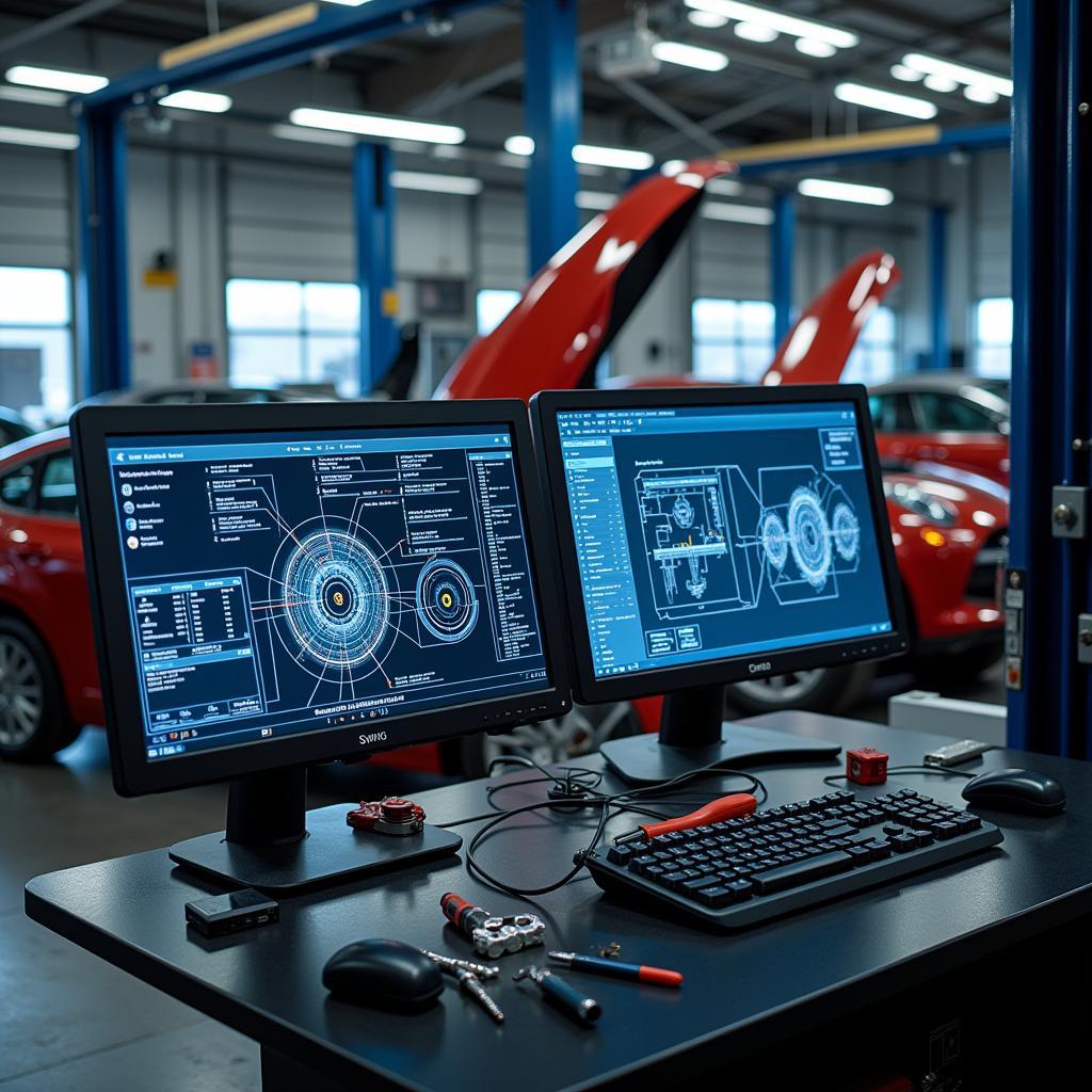 High-tech diagnostic equipment in a modern auto repair shop