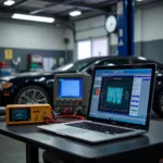 Modern car diagnostic equipment in a repair shop